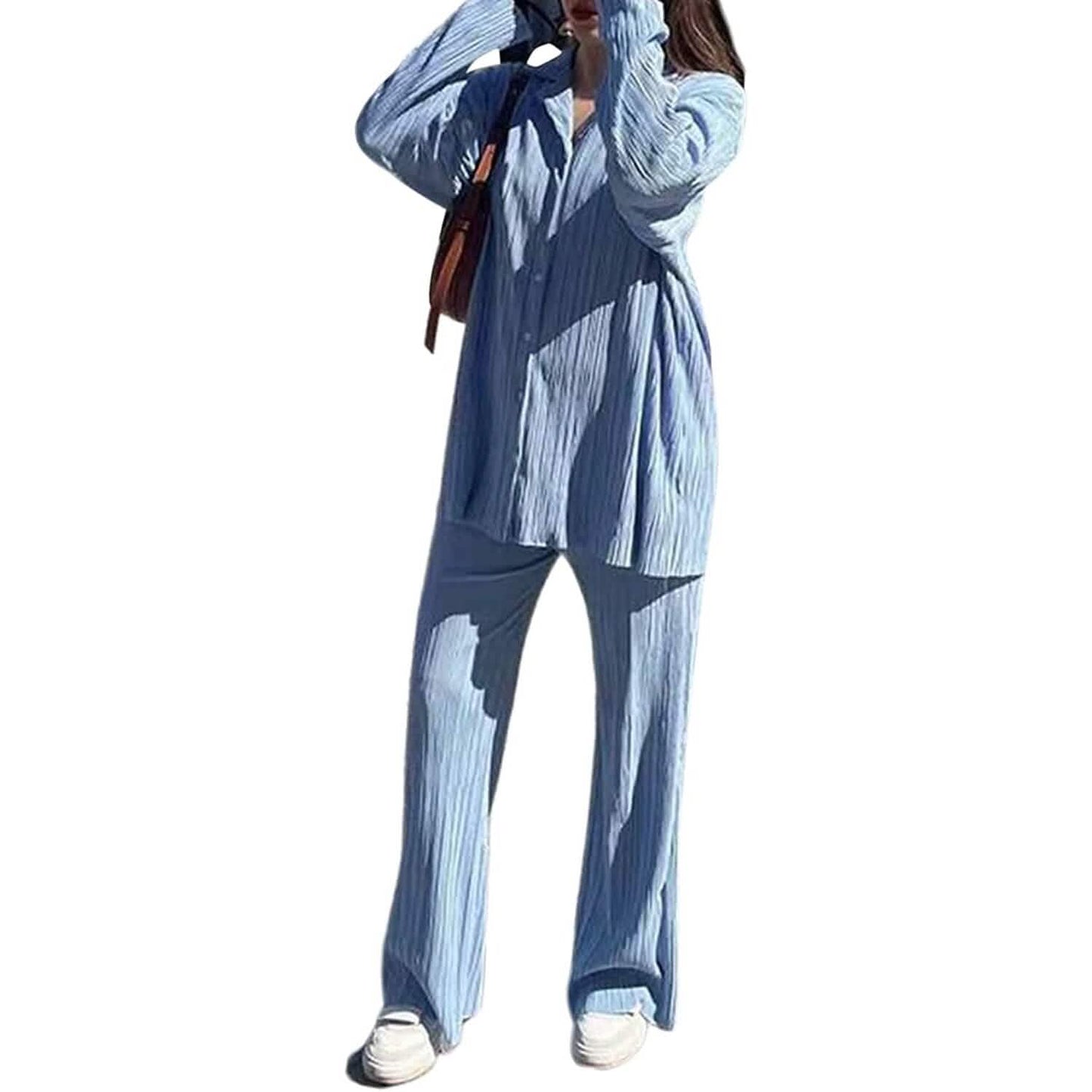 Damen lässige Langarm-Knopfbluse, weites Bein, lockere Streetwear, Loungewear