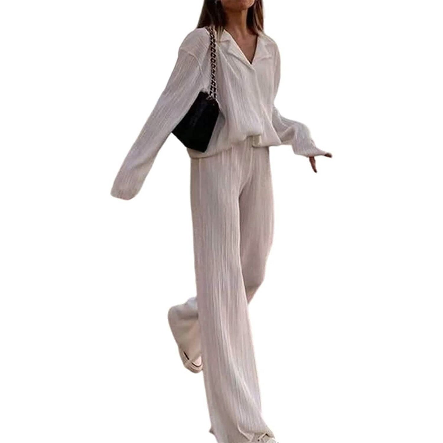 Damen lässige Langarm-Knopfbluse, weites Bein, lockere Streetwear, Loungewear
