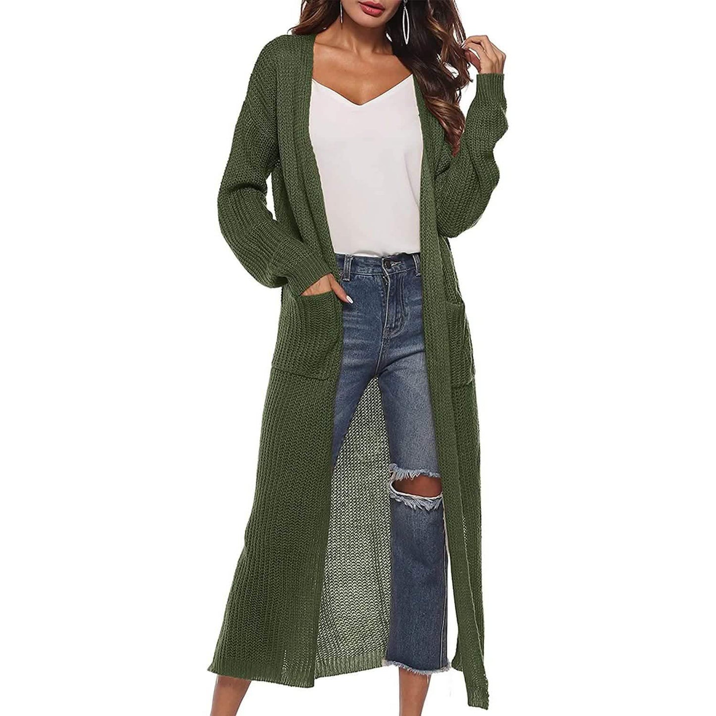 Damen Freizeit Langarm Split Offener Cardigan Strick Langer Cardigan Pullover mit Taschen