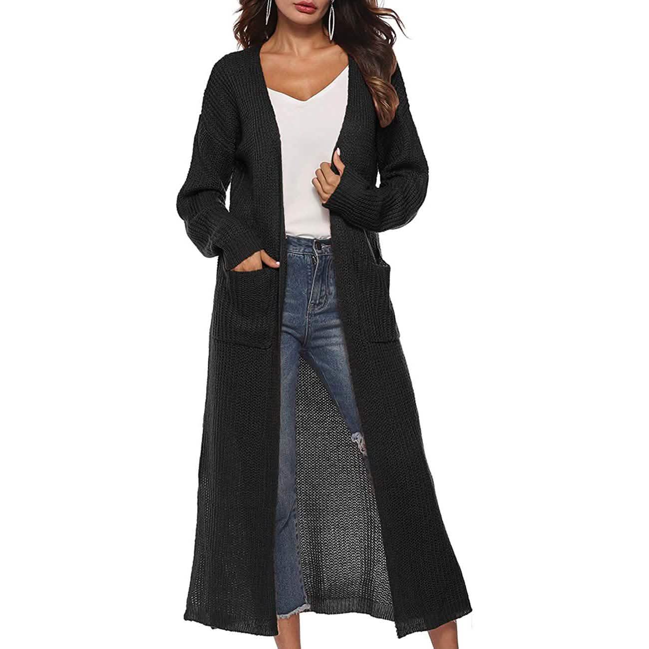 Damen Freizeit Langarm Split Offener Cardigan Strick Langer Cardigan Pullover mit Taschen