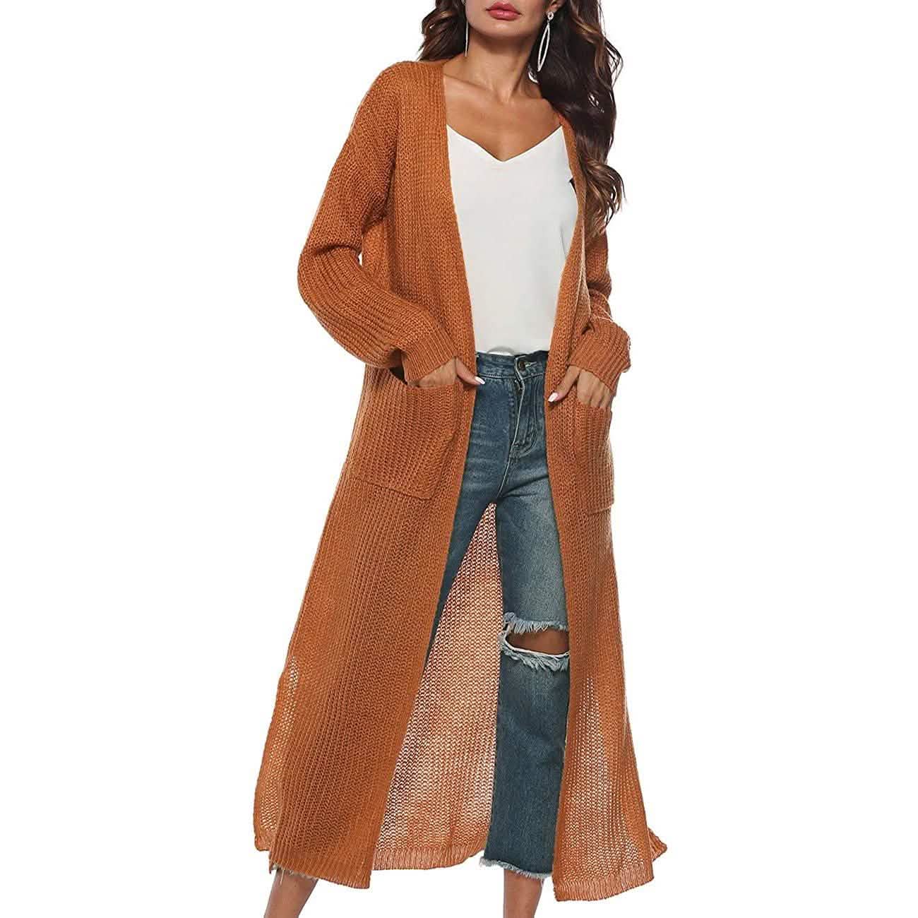Damen Freizeit Langarm Split Offener Cardigan Strick Langer Cardigan Pullover mit Taschen