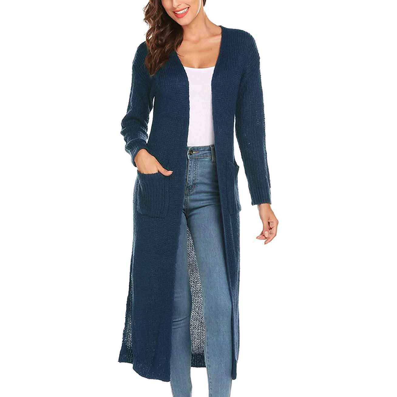 Damen Freizeit Langarm Split Offener Cardigan Strick Langer Cardigan Pullover mit Taschen