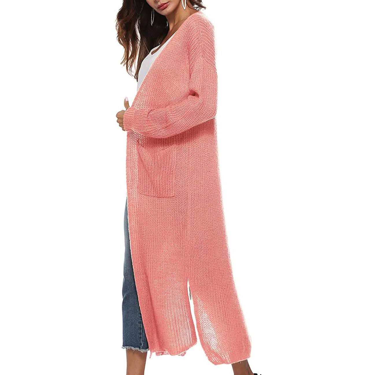Damen Freizeit Langarm Split Offener Cardigan Strick Langer Cardigan Pullover mit Taschen