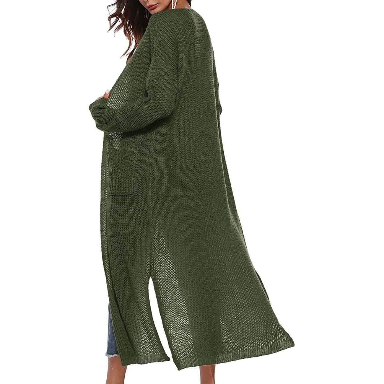 Damen Freizeit Langarm Split Offener Cardigan Strick Langer Cardigan Pullover mit Taschen