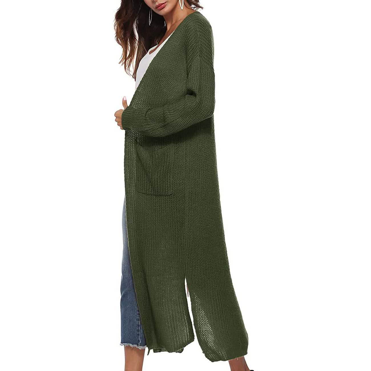 Damen Freizeit Langarm Split Offener Cardigan Strick Langer Cardigan Pullover mit Taschen