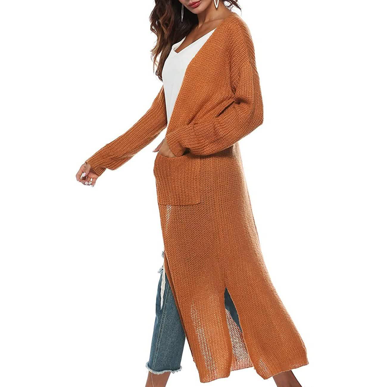 Damen Freizeit Langarm Split Offener Cardigan Strick Langer Cardigan Pullover mit Taschen