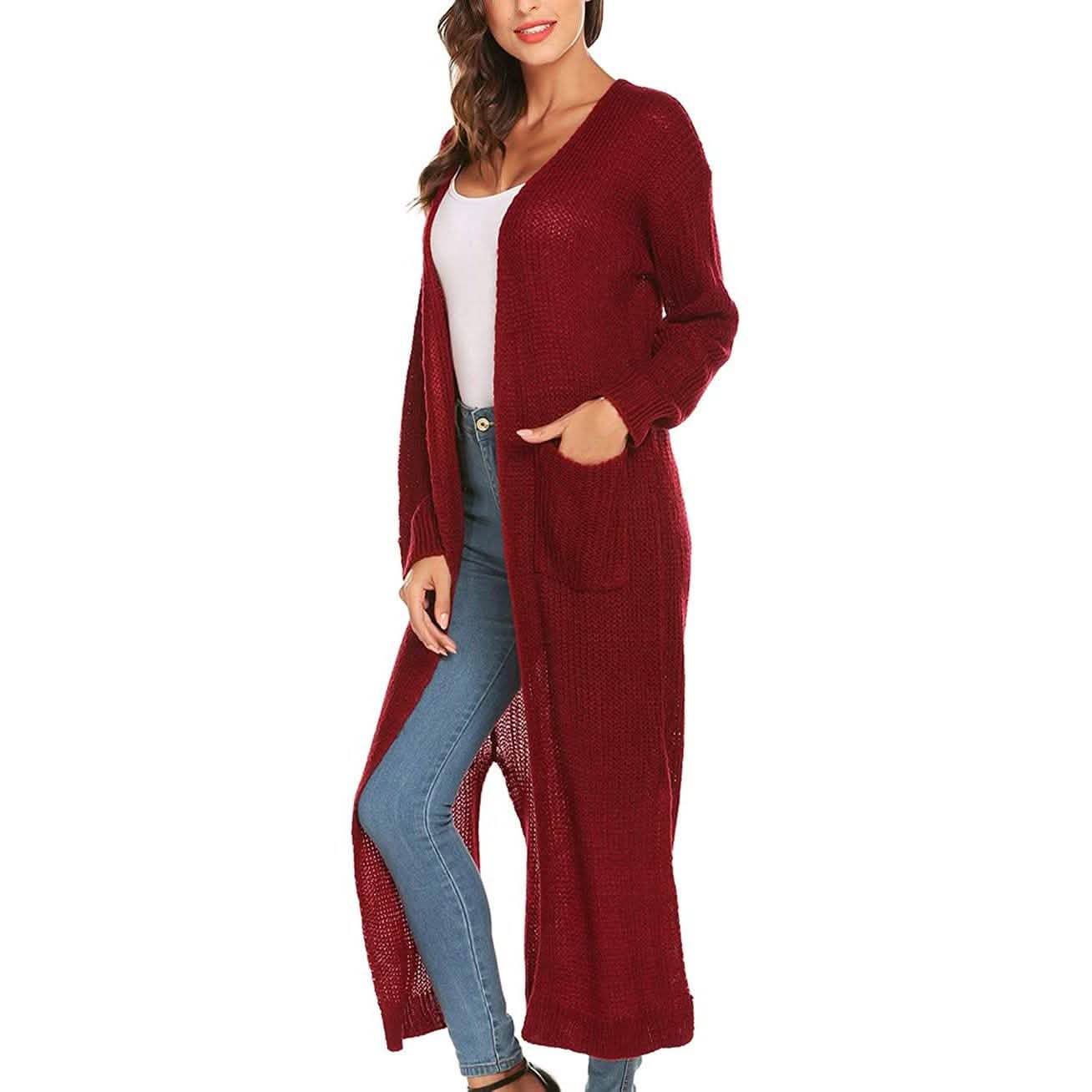 Damen Freizeit Langarm Split Offener Cardigan Strick Langer Cardigan Pullover mit Taschen