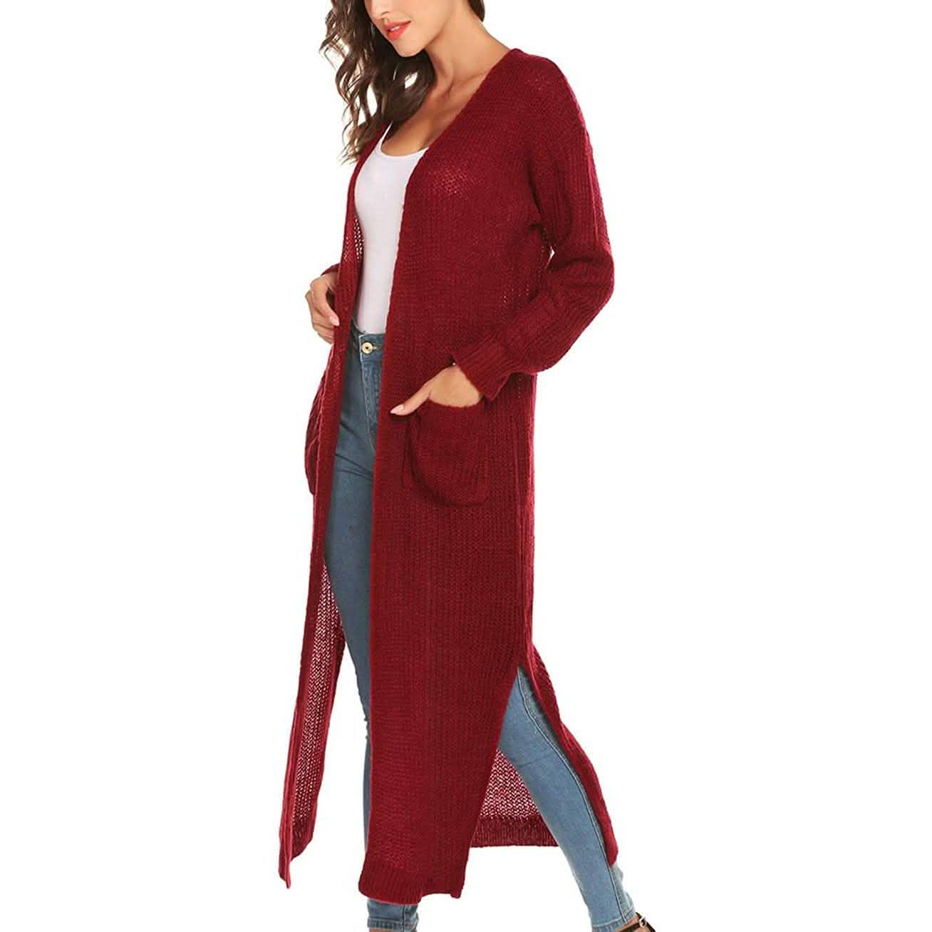 Damen Freizeit Langarm Split Offener Cardigan Strick Langer Cardigan Pullover mit Taschen