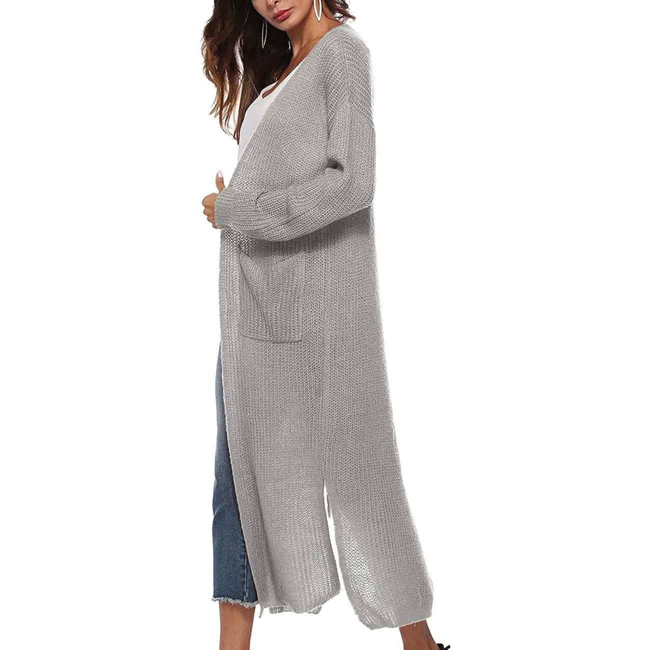 Damen Freizeit Langarm Split Offener Cardigan Strick Langer Cardigan Pullover mit Taschen