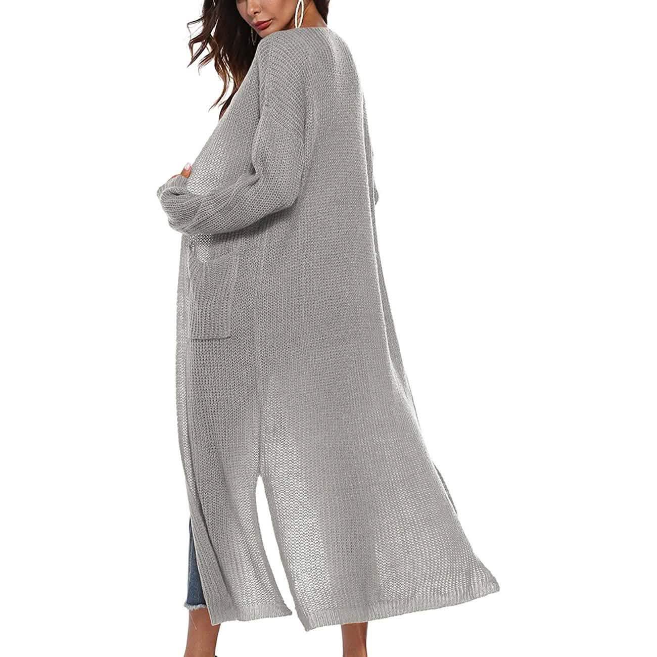 Damen Freizeit Langarm Split Offener Cardigan Strick Langer Cardigan Pullover mit Taschen