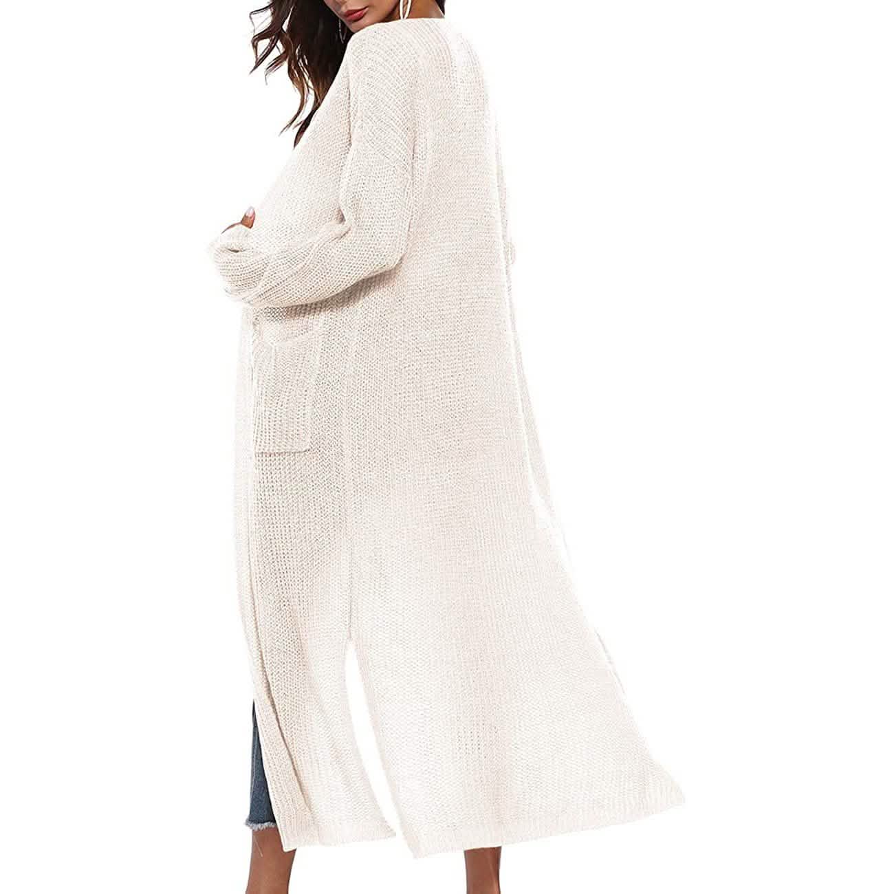 Damen Freizeit Langarm Split Offener Cardigan Strick Langer Cardigan Pullover mit Taschen
