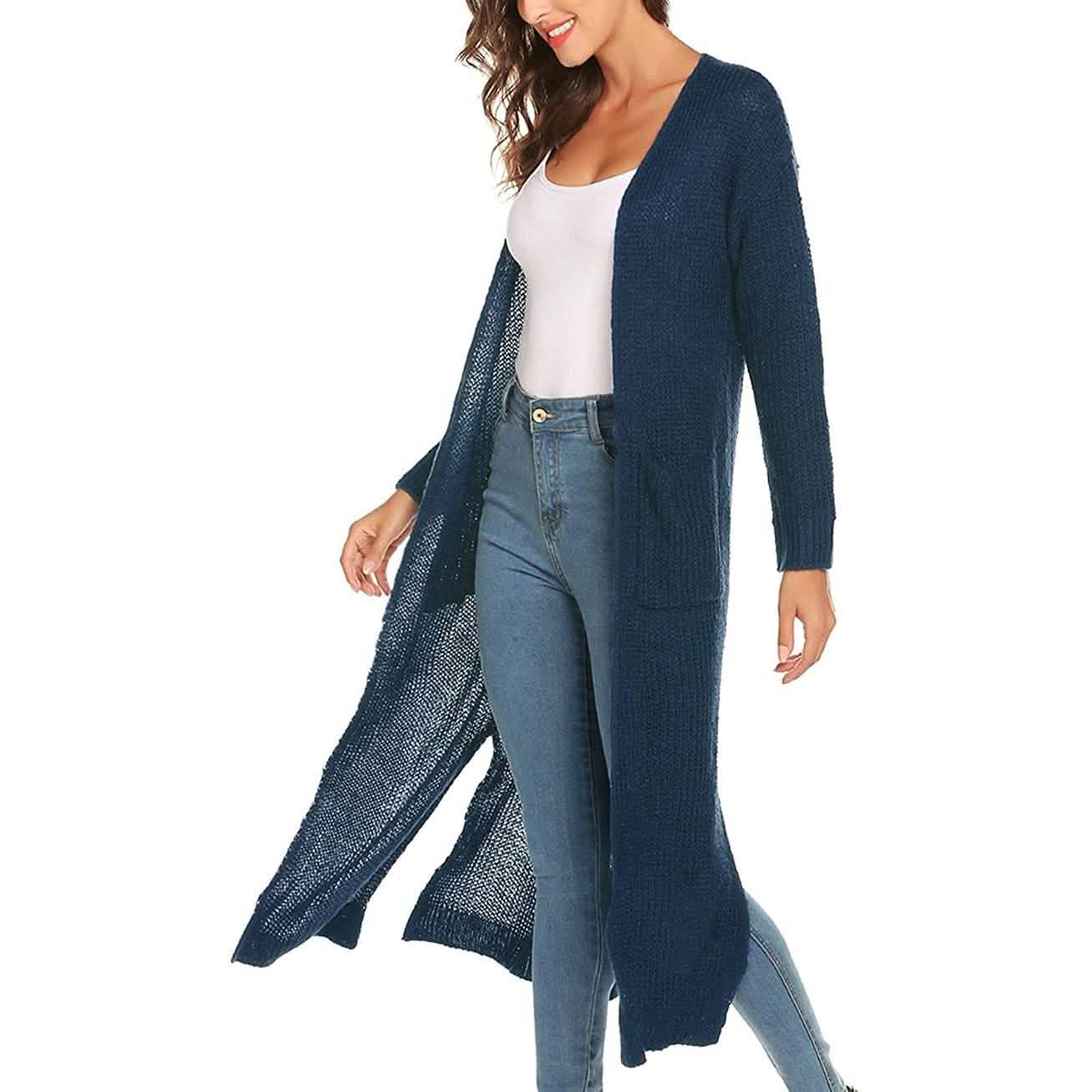 Damen Freizeit Langarm Split Offener Cardigan Strick Langer Cardigan Pullover mit Taschen