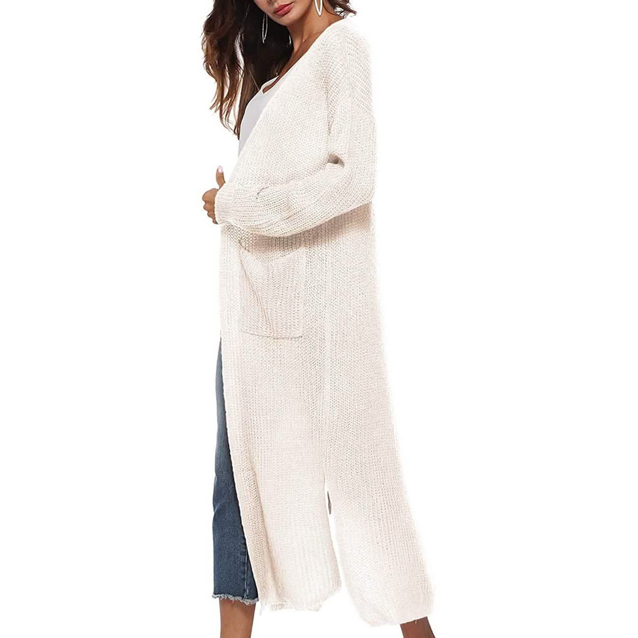 Damen Freizeit Langarm Split Offener Cardigan Strick Langer Cardigan Pullover mit Taschen