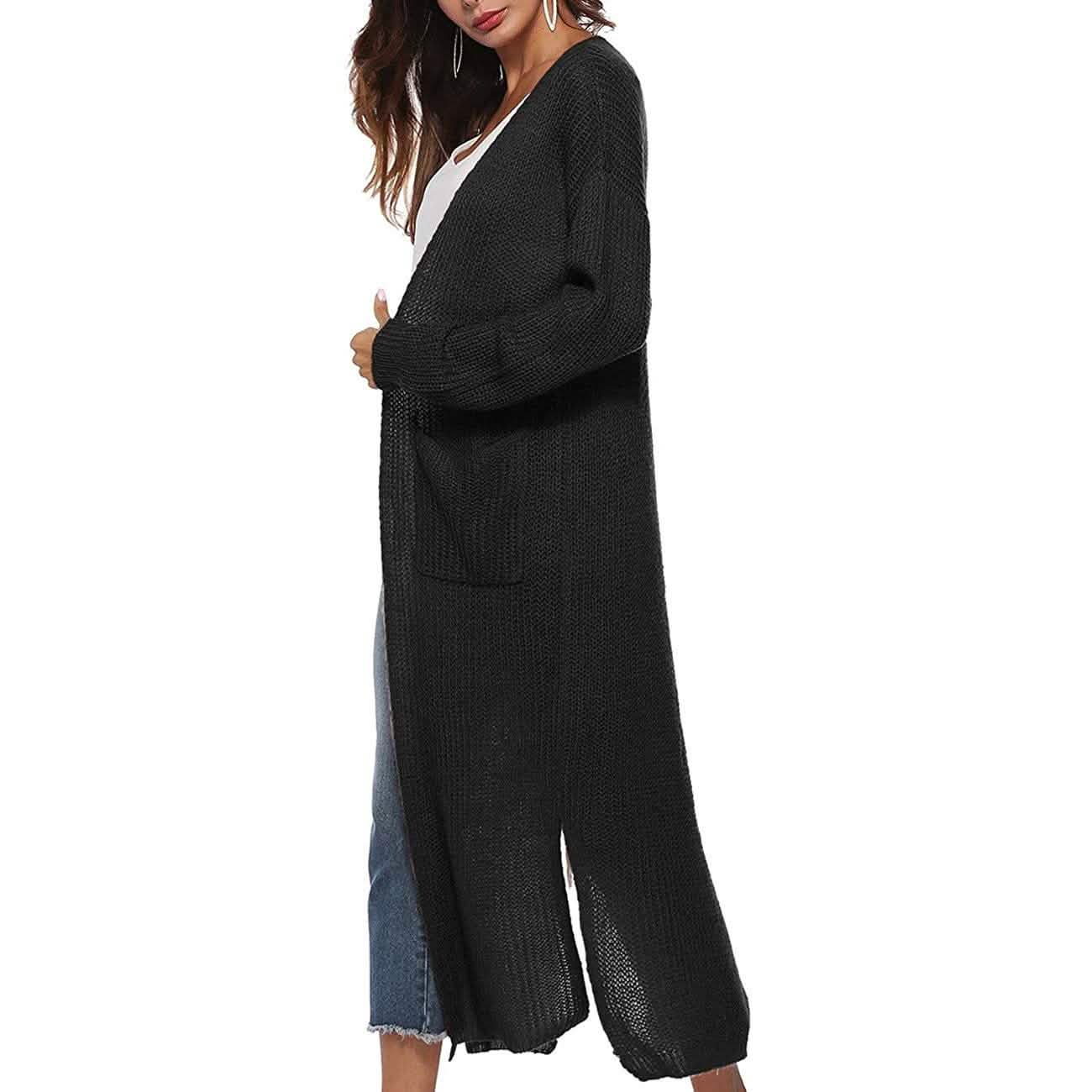 Damen Freizeit Langarm Split Offener Cardigan Strick Langer Cardigan Pullover mit Taschen
