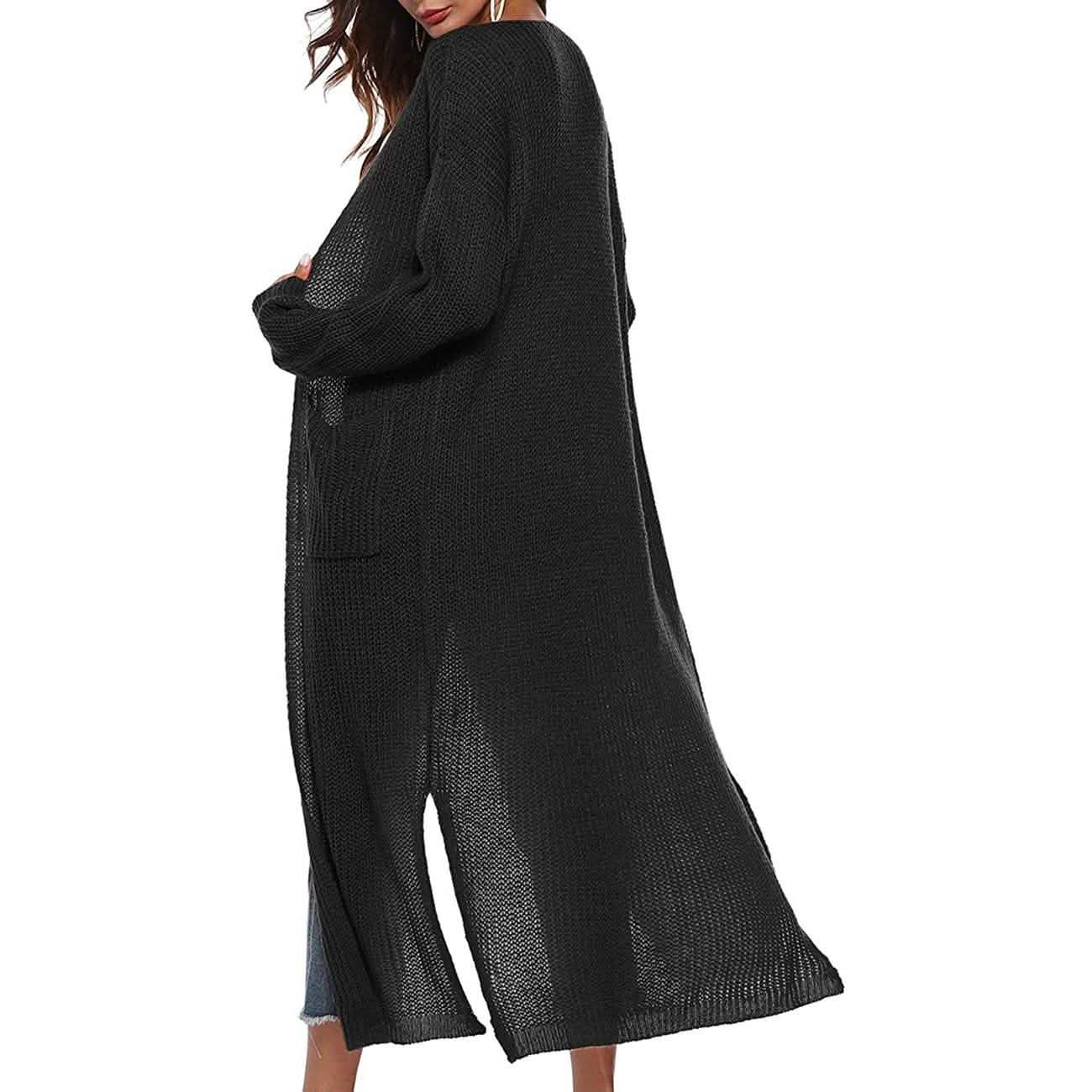 Damen Freizeit Langarm Split Offener Cardigan Strick Langer Cardigan Pullover mit Taschen