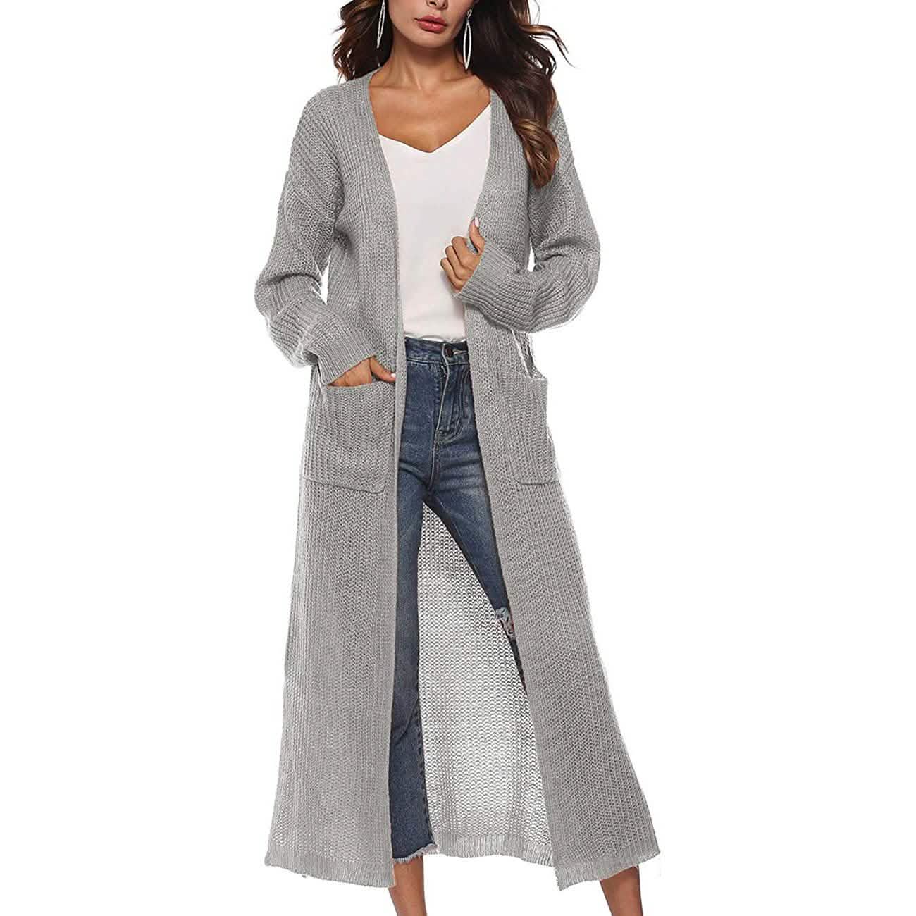 Damen Freizeit Langarm Split Offener Cardigan Strick Langer Cardigan Pullover mit Taschen