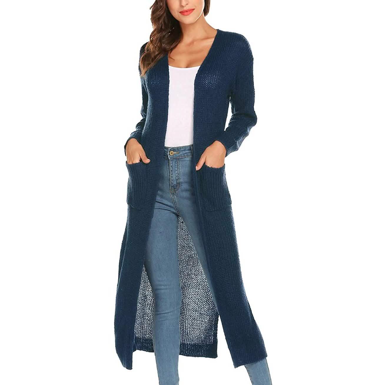 Damen Freizeit Langarm Split Offener Cardigan Strick Langer Cardigan Pullover mit Taschen