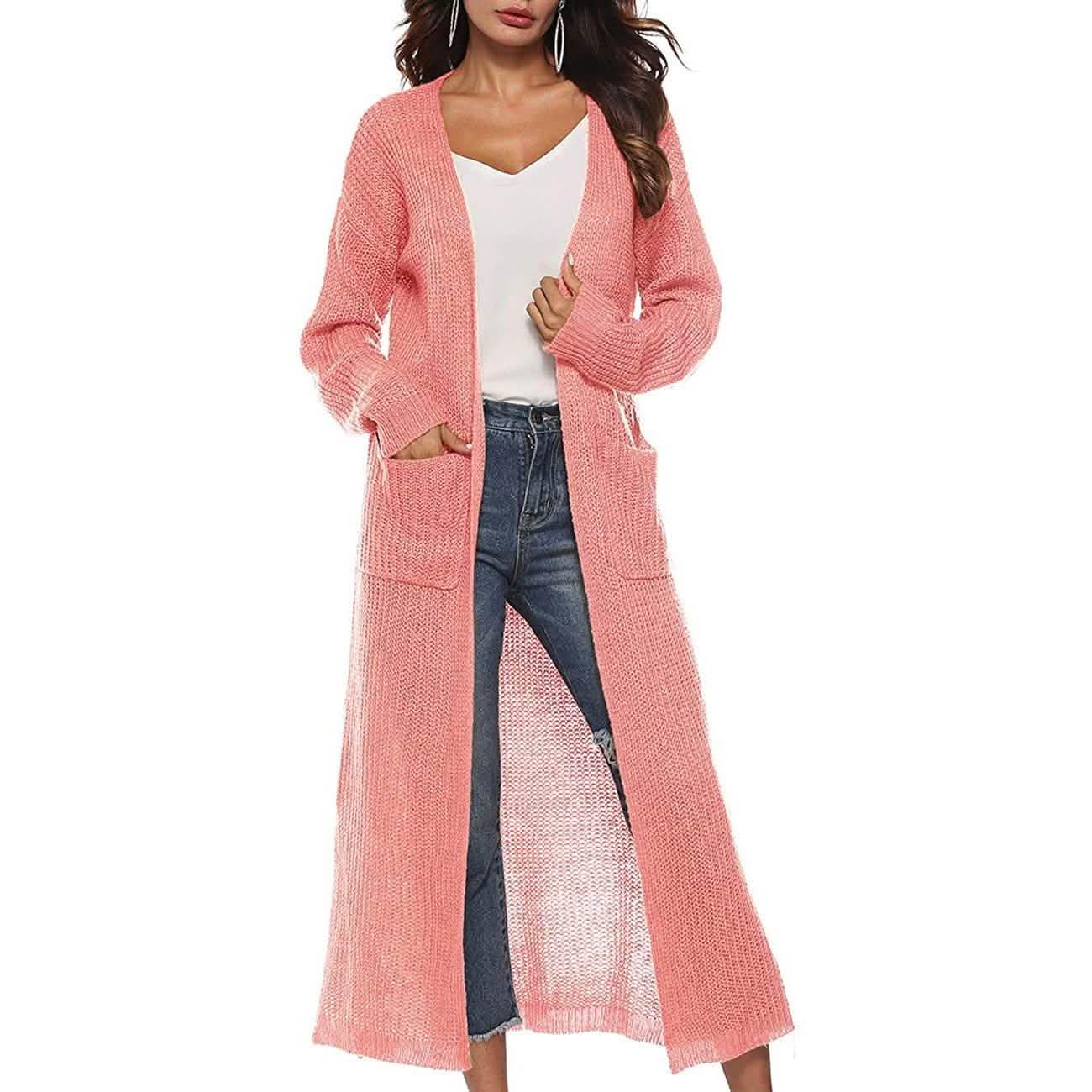 Damen Freizeit Langarm Split Offener Cardigan Strick Langer Cardigan Pullover mit Taschen