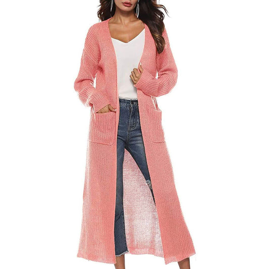 Damen Freizeit Langarm Split Offener Cardigan Strick Langer Cardigan Pullover mit Taschen