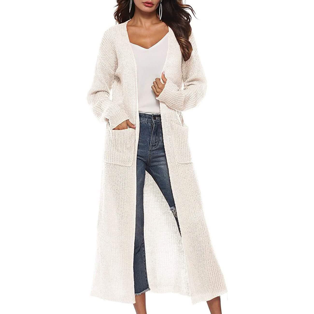 Damen Freizeit Langarm Split Offener Cardigan Strick Langer Cardigan Pullover mit Taschen