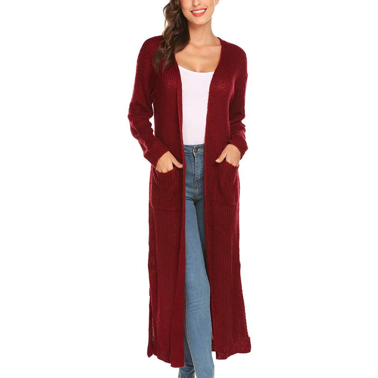Damen Freizeit Langarm Split Offener Cardigan Strick Langer Cardigan Pullover mit Taschen