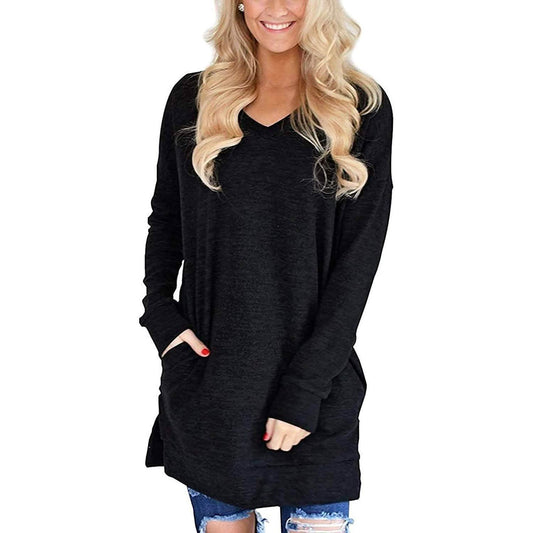 Damen Freizeit Langarm Einfarbig V-Ausschnitt Tunika-Shirt Oberteile mit Taschen