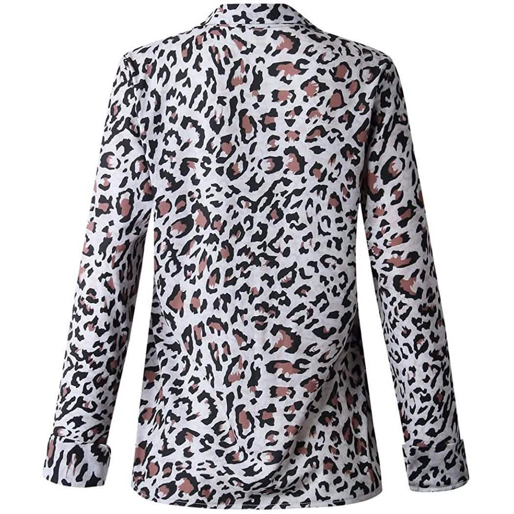 Damen Freizeit-Oberteile V-Ausschnitt Leopard Tunika Langarm Button-Down Hemden Oberteil