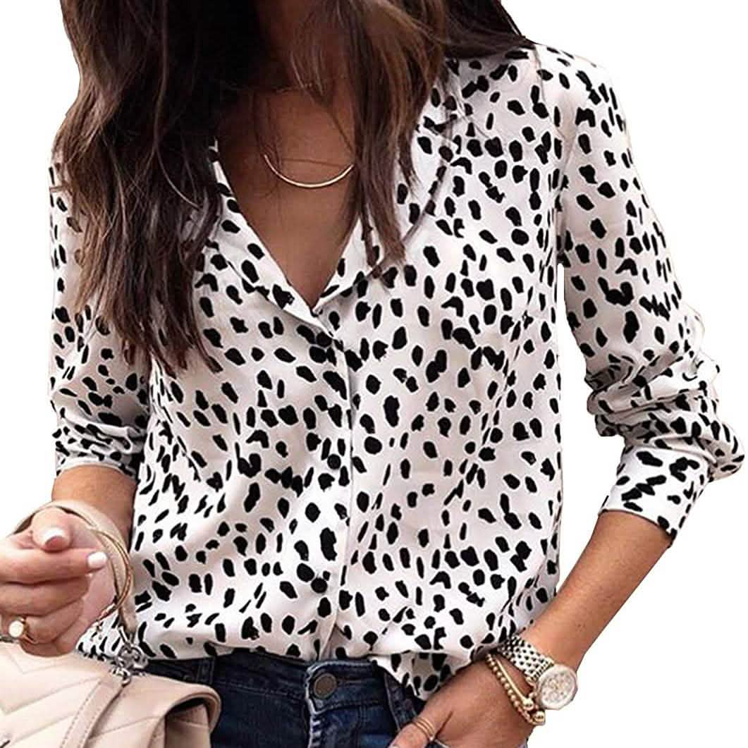 Damen Freizeit-Oberteile V-Ausschnitt Leopard Tunika Langarm Button-Down Hemden Oberteil