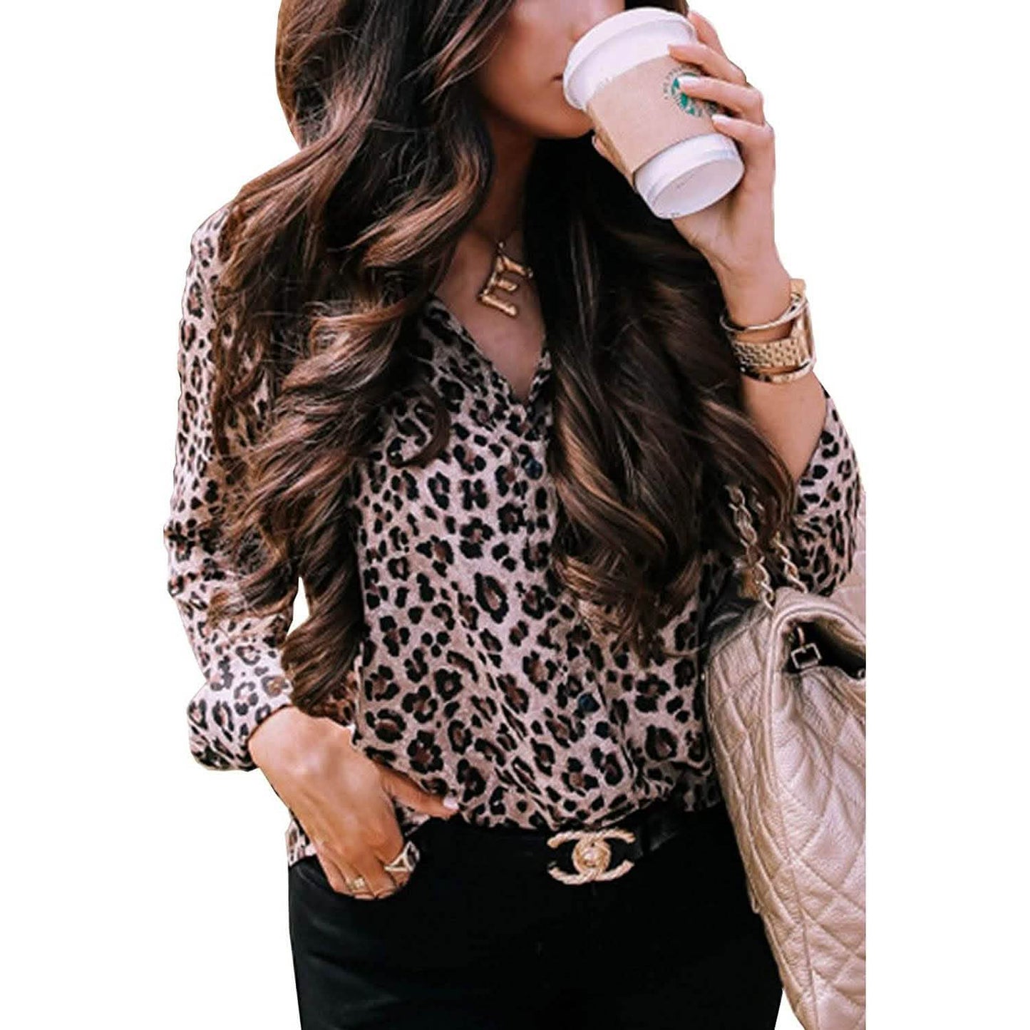 Damen Freizeit-Oberteile V-Ausschnitt Leopard Tunika Langarm Button-Down Hemden Oberteil