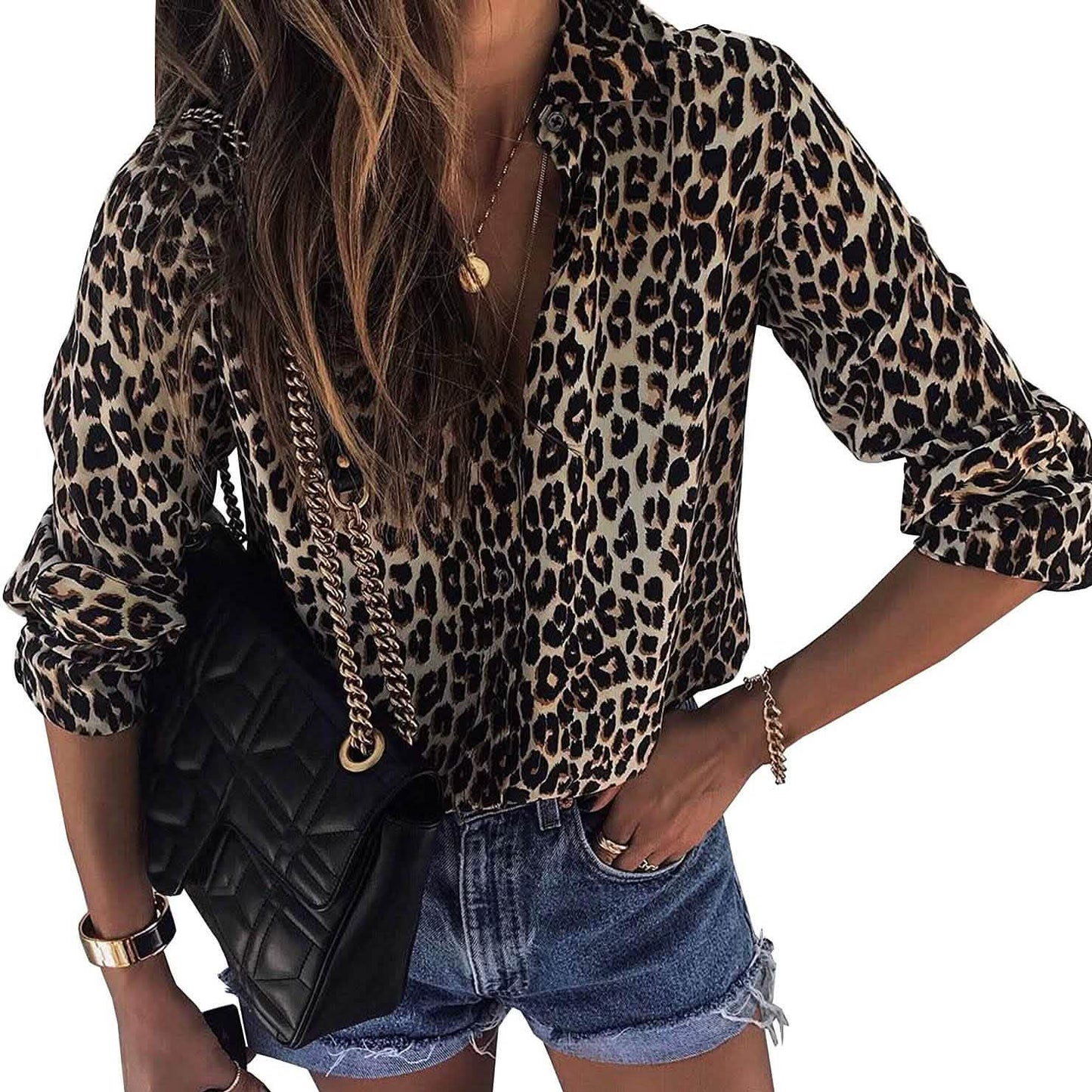 Damen Freizeit-Oberteile V-Ausschnitt Leopard Tunika Langarm Button-Down Hemden Oberteil