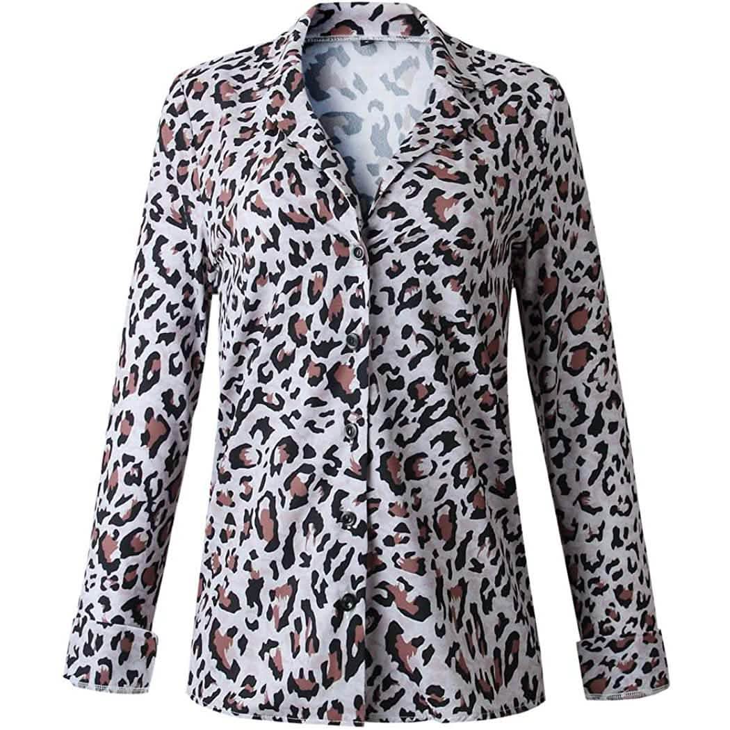 Damen Freizeit-Oberteile V-Ausschnitt Leopard Tunika Langarm Button-Down Hemden Oberteil