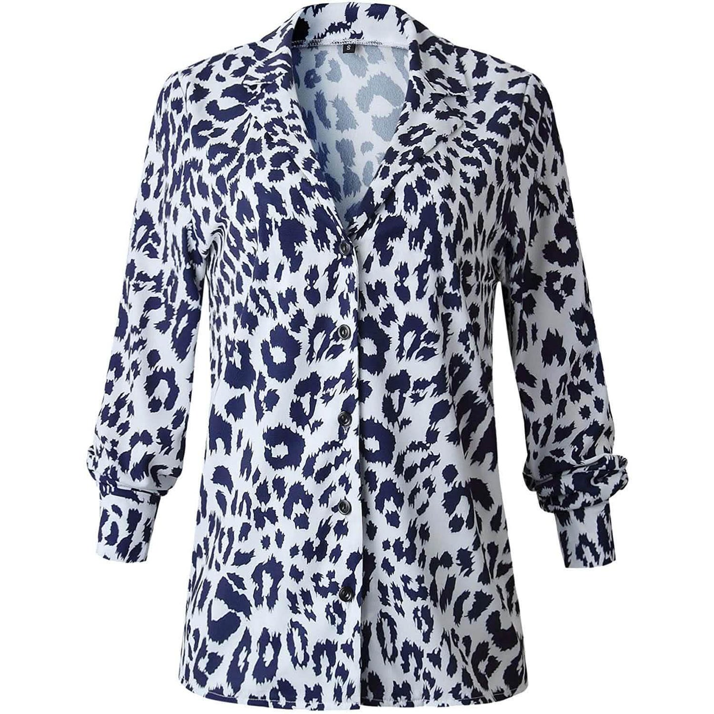 Damen Freizeit-Oberteile V-Ausschnitt Leopard Tunika Langarm Button-Down Hemden Oberteil