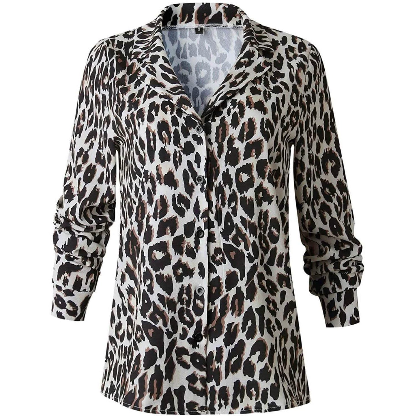 Damen Freizeit-Oberteile V-Ausschnitt Leopard Tunika Langarm Button-Down Hemden Oberteil