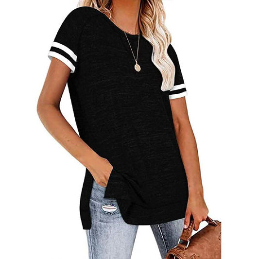 Damen Freizeit-Tunika-Oberteile, Kurzarm, Rundhalsausschnitt, seitlicher Schlitz, Farbblock-T-Shirt