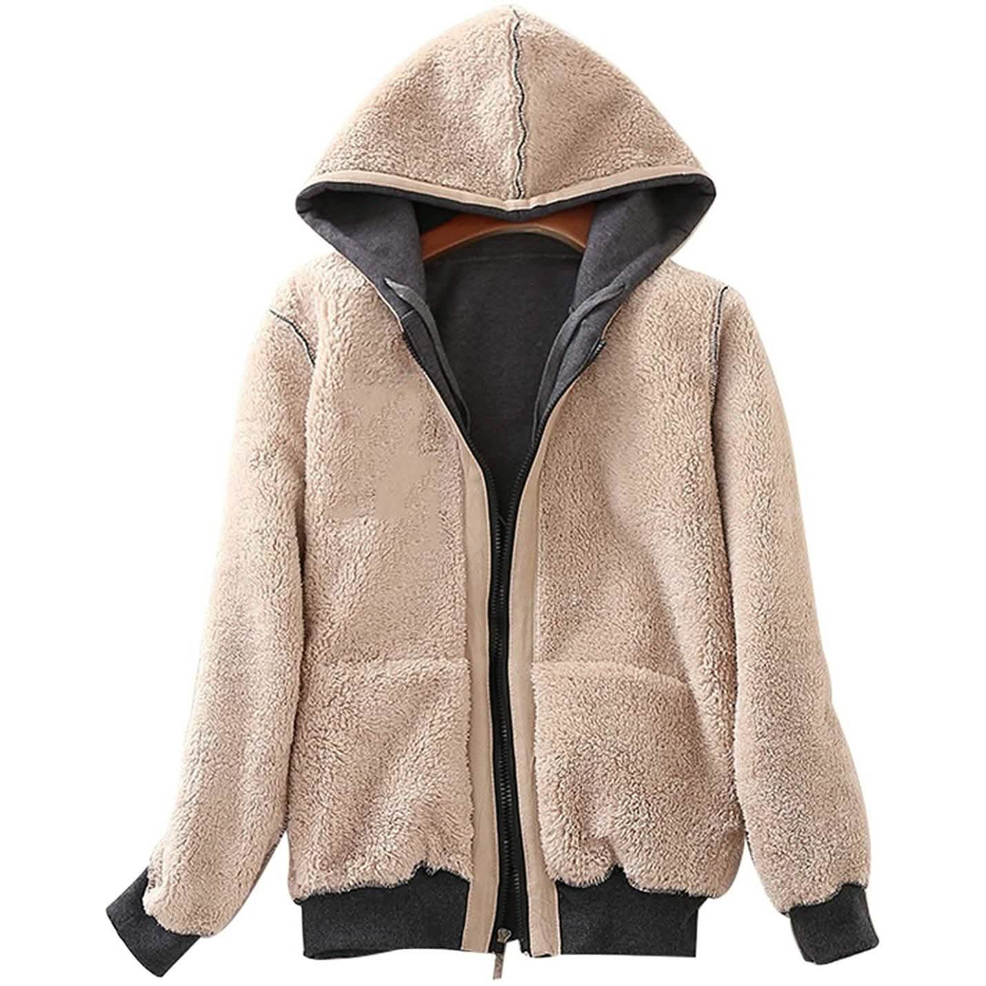 Damen lässiger, warmer Winter-Kapuzenpullover mit Sherpa-Futter und Reißverschluss