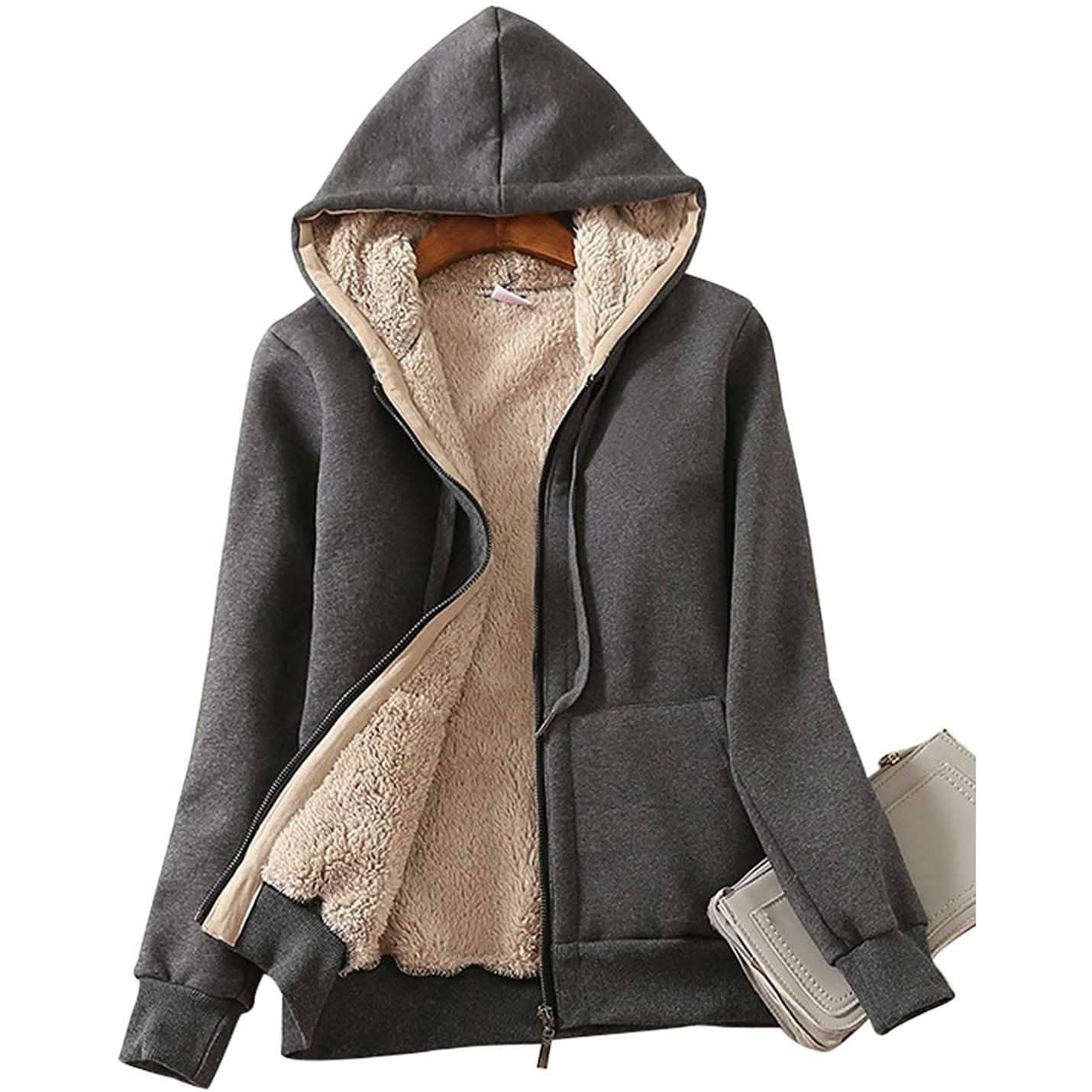 Damen lässiger, warmer Winter-Kapuzenpullover mit Sherpa-Futter und Reißverschluss