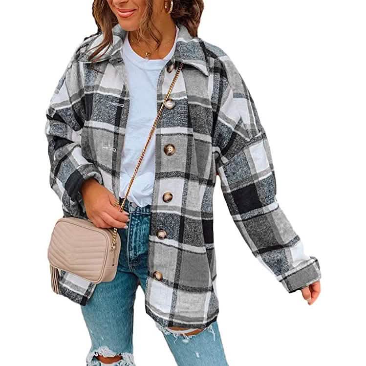 Damen lässige karierte Jacke mit langen Ärmeln und Knopfleiste aus Wolle