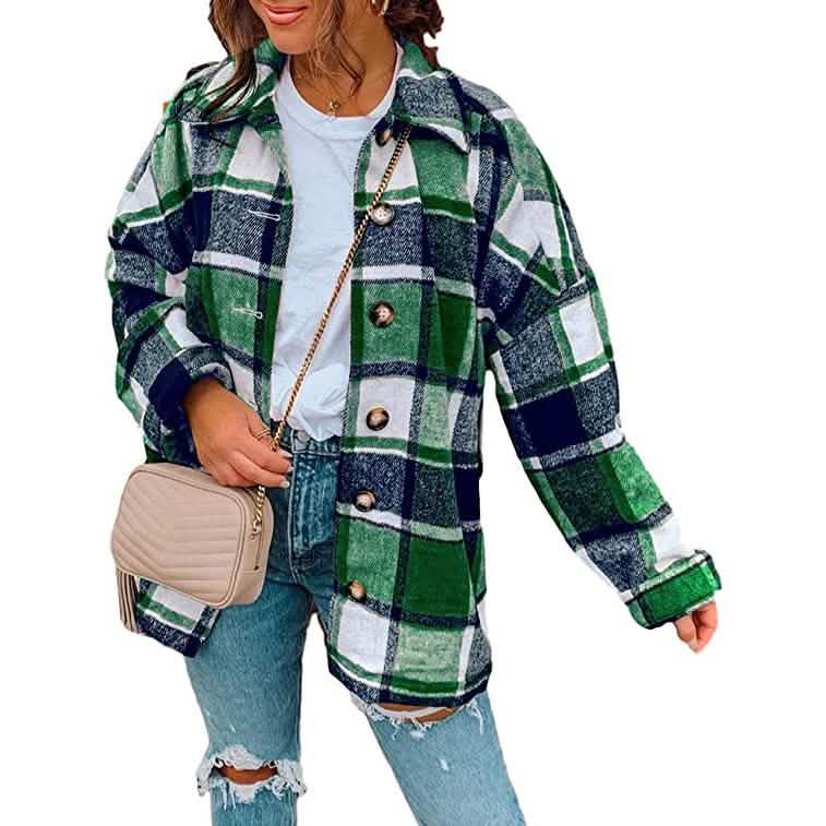 Damen lässige karierte Jacke mit langen Ärmeln und Knopfleiste aus Wolle