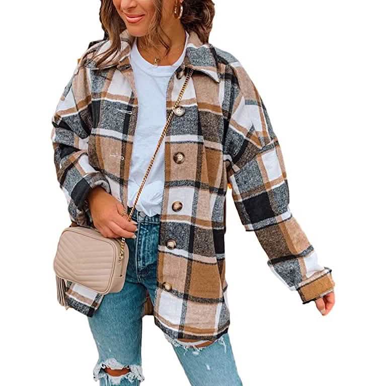 Damen lässige karierte Jacke mit langen Ärmeln und Knopfleiste aus Wolle