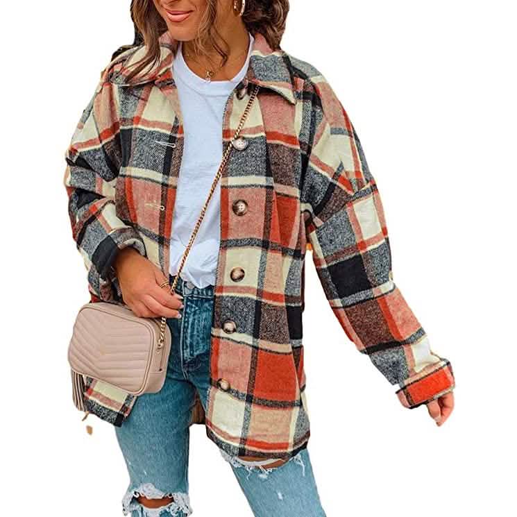 Damen lässige karierte Jacke mit langen Ärmeln und Knopfleiste aus Wolle