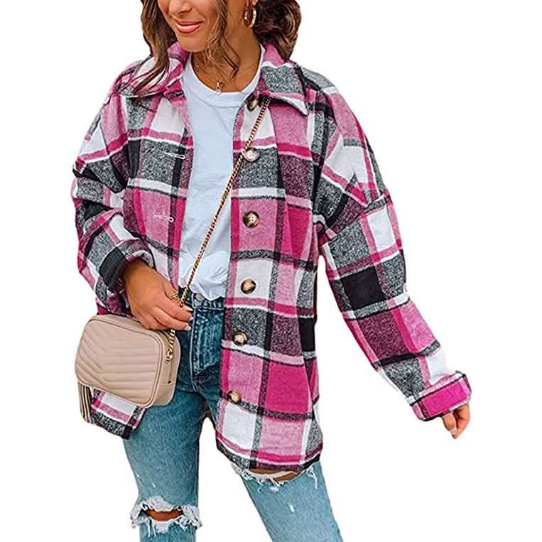 Damen lässige karierte Jacke mit langen Ärmeln und Knopfleiste aus Wolle