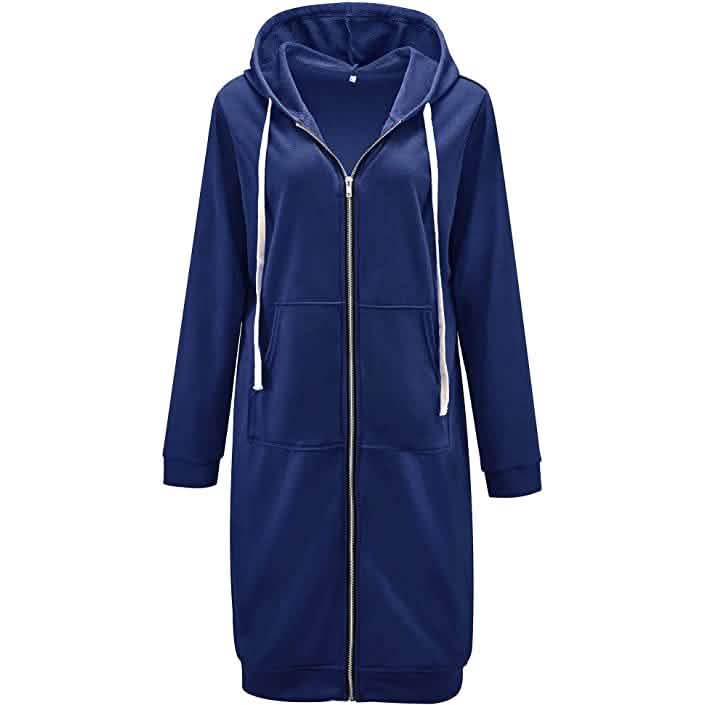 Damen Freizeit Reißverschluss Kapuzenpullover Lange Tunika Sweatshirts Jacken Mode Übergröße Hoodie mit Taschen