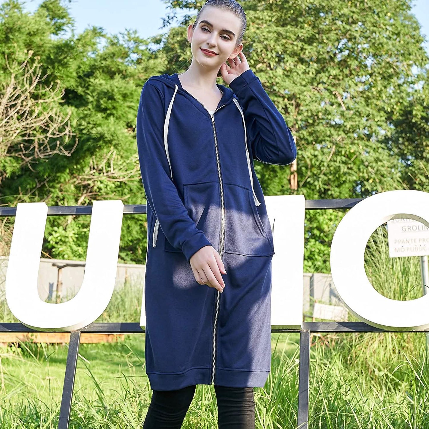 Damen Freizeit Reißverschluss Kapuzenpullover Lange Tunika Sweatshirts Jacken Mode Übergröße Hoodie mit Taschen