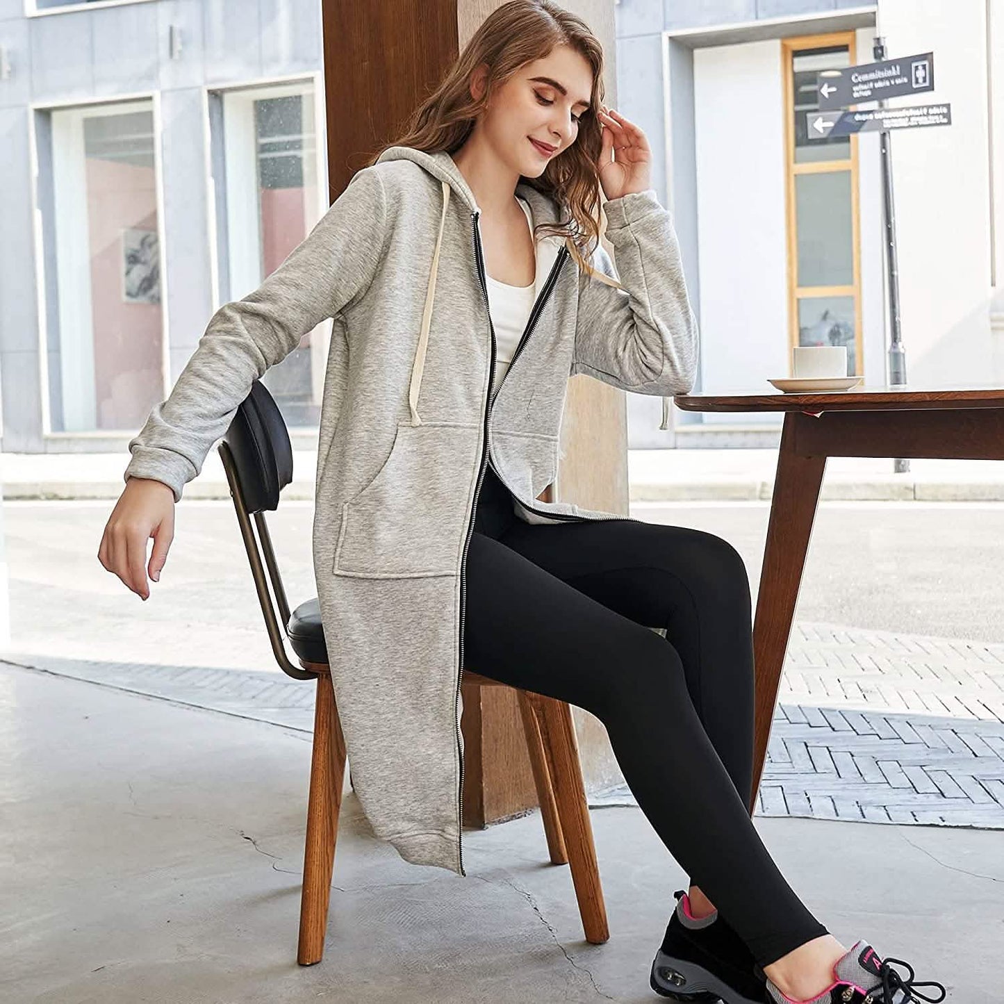 Damen Freizeit Reißverschluss Kapuzenpullover Lange Tunika Sweatshirts Jacken Mode Übergröße Hoodie mit Taschen