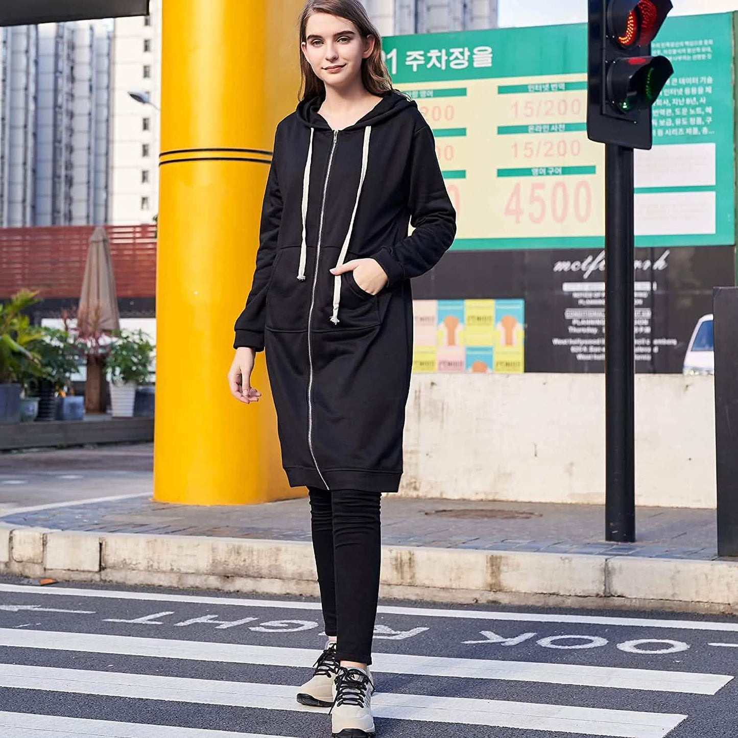 Damen Freizeit Reißverschluss Kapuzenpullover Lange Tunika Sweatshirts Jacken Mode Übergröße Hoodie mit Taschen