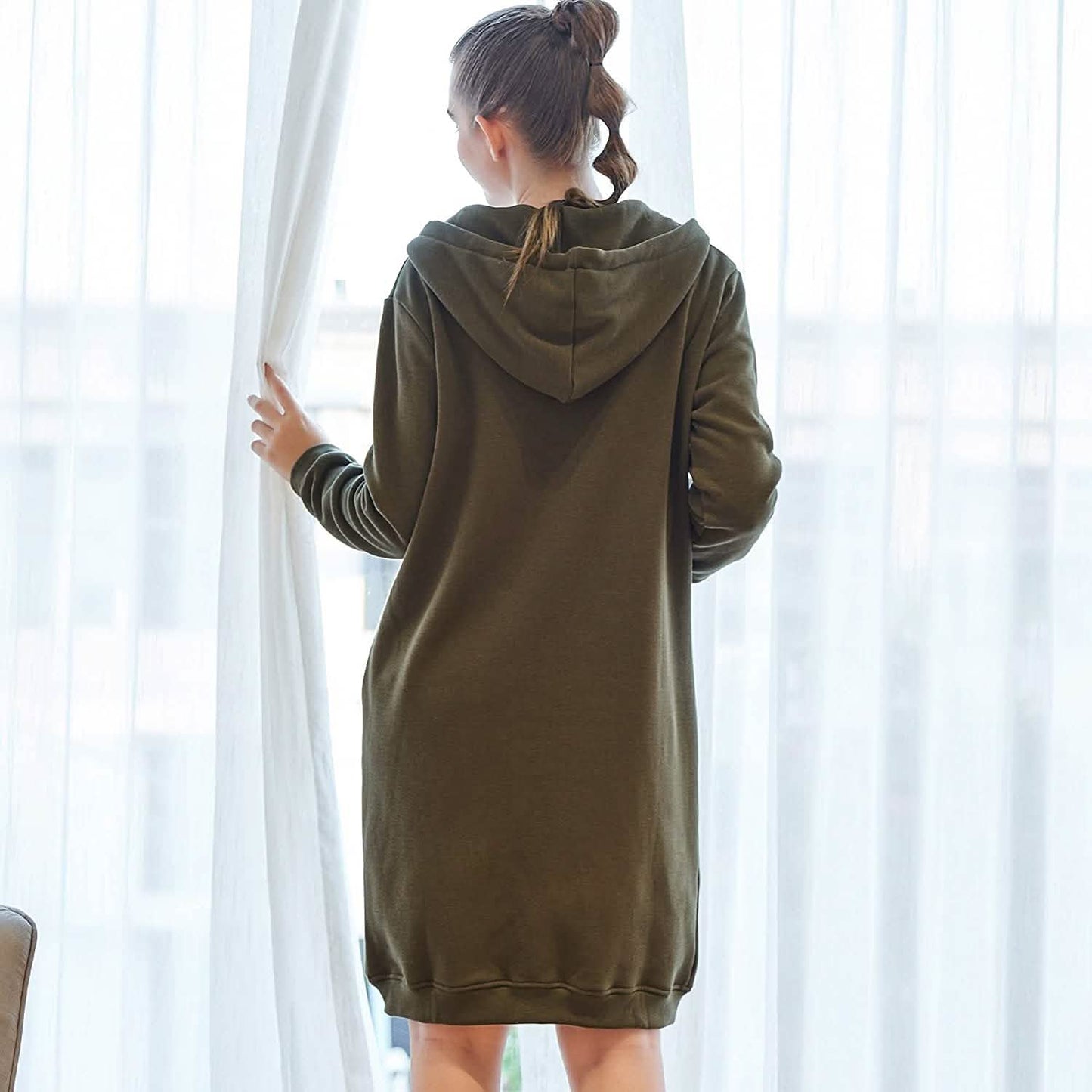 Damen Freizeit Reißverschluss Kapuzenpullover Lange Tunika Sweatshirts Jacken Mode Übergröße Hoodie mit Taschen