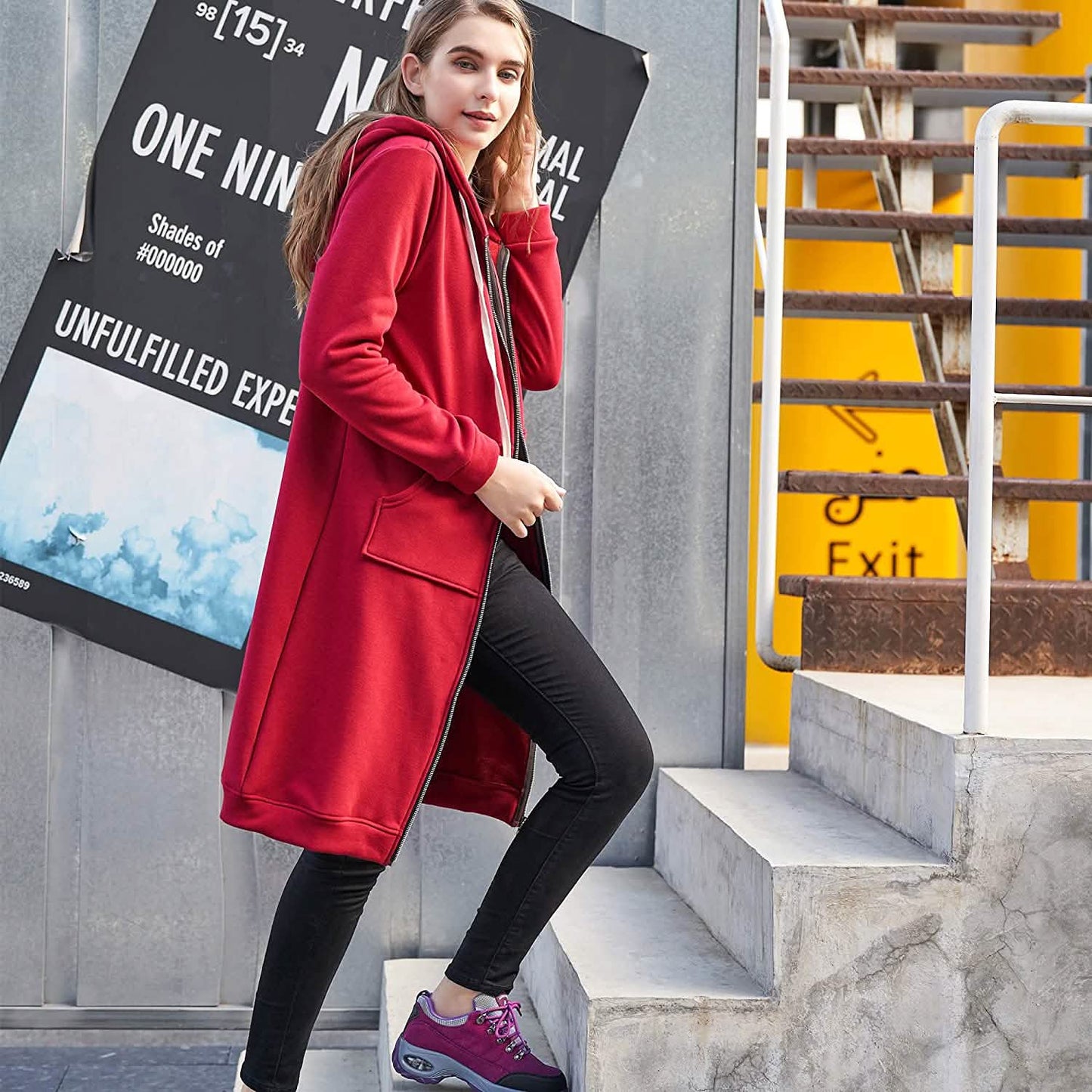 Damen Freizeit Reißverschluss Kapuzenpullover Lange Tunika Sweatshirts Jacken Mode Übergröße Hoodie mit Taschen