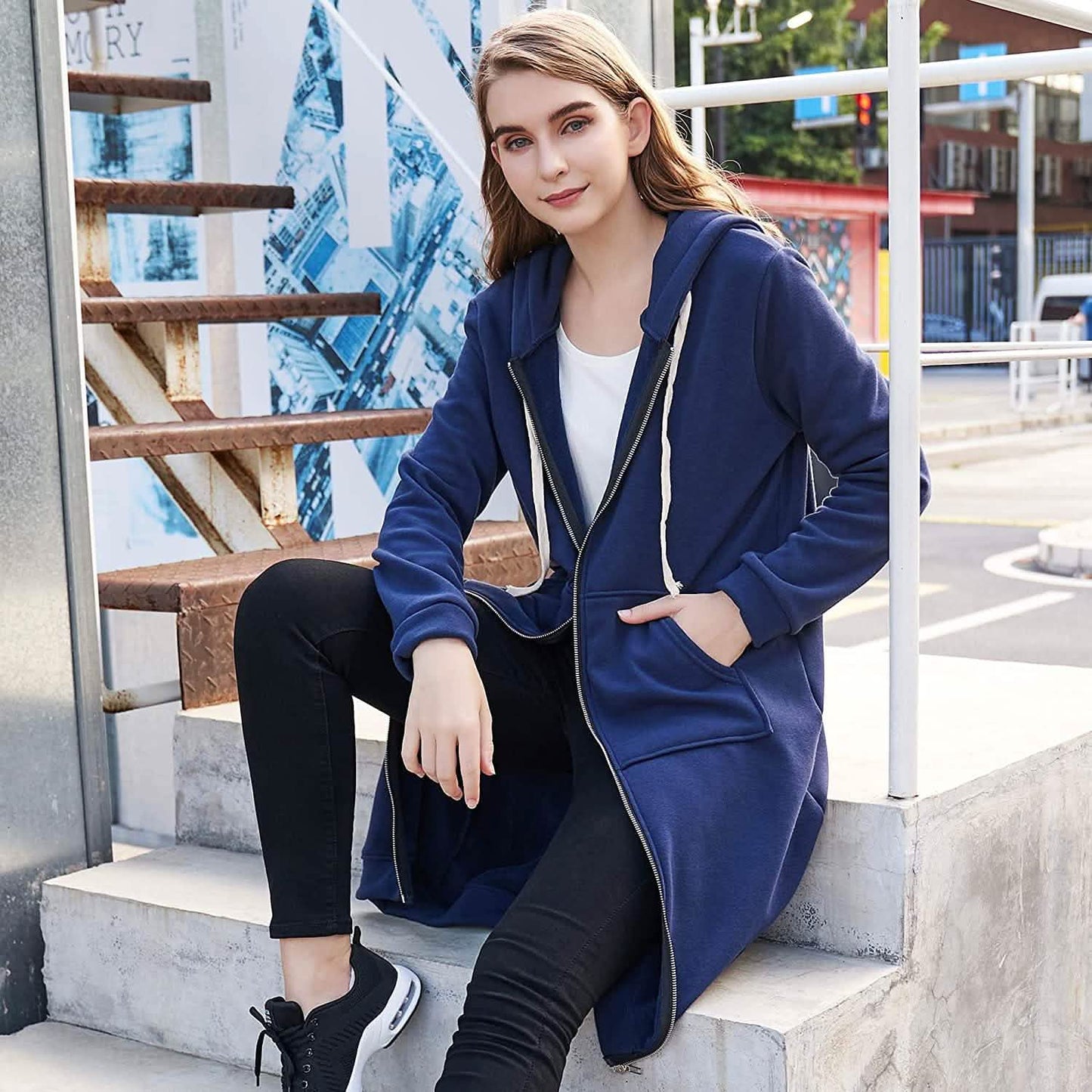 Damen Freizeit Reißverschluss Kapuzenpullover Lange Tunika Sweatshirts Jacken Mode Übergröße Hoodie mit Taschen