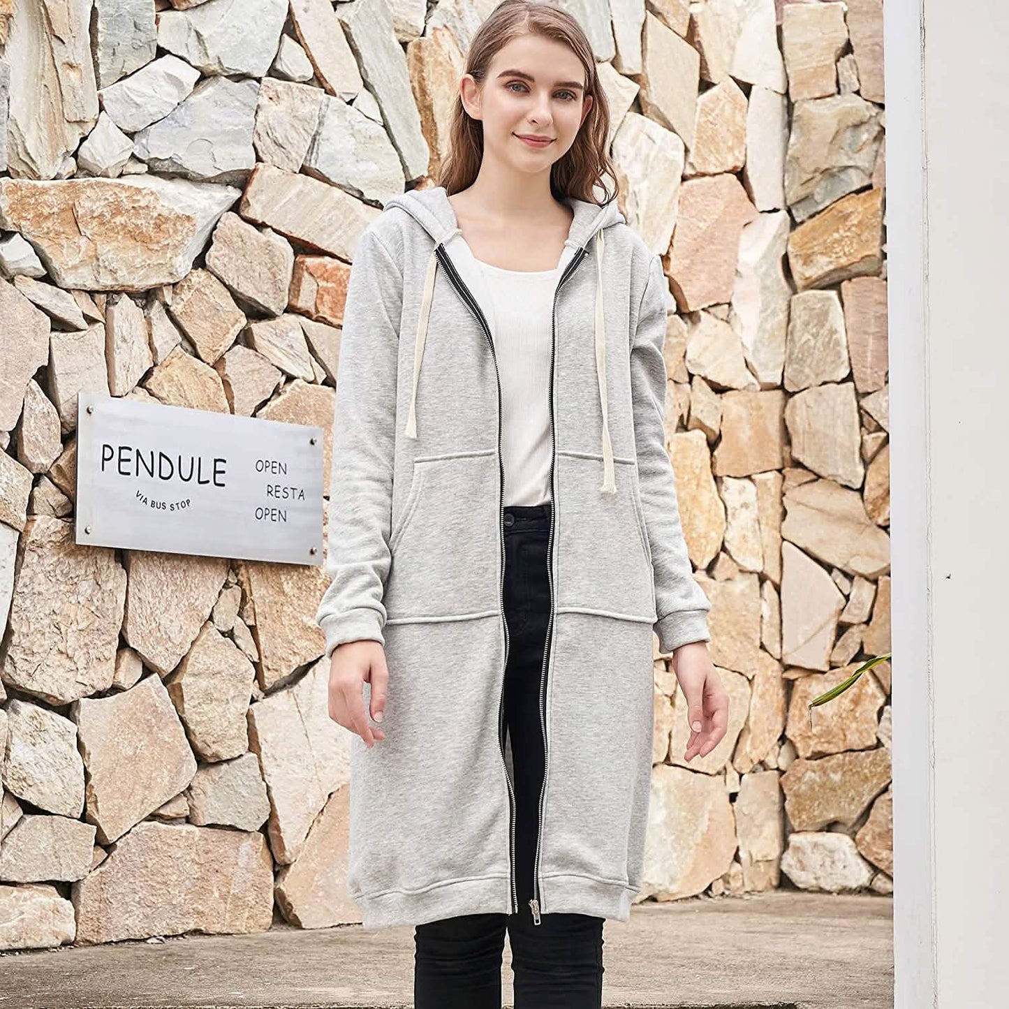 Damen Freizeit Reißverschluss Kapuzenpullover Lange Tunika Sweatshirts Jacken Mode Übergröße Hoodie mit Taschen