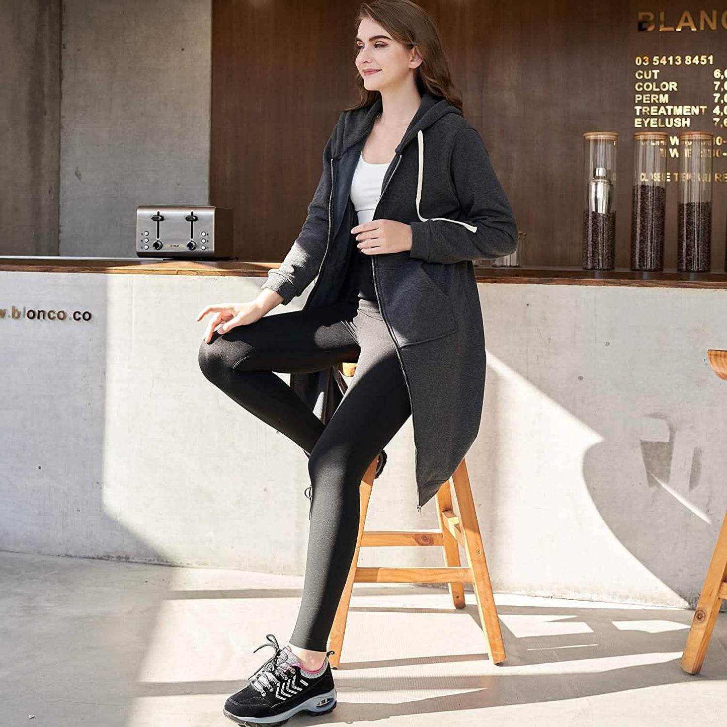 Damen Freizeit Reißverschluss Kapuzenpullover Lange Tunika Sweatshirts Jacken Mode Übergröße Hoodie mit Taschen